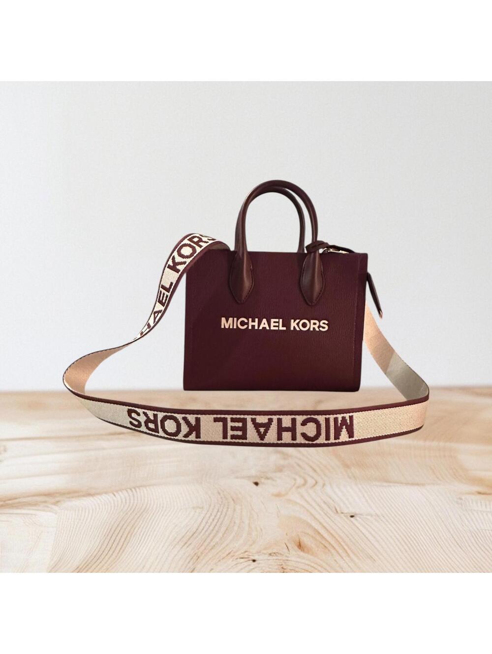 Michael Kors Burgundy Leather Satchel Bag with Logo Strap
